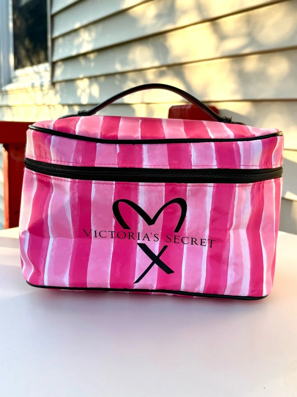 Victoria's Secret Large Pink Striped Cosmetic Case with Black Logo